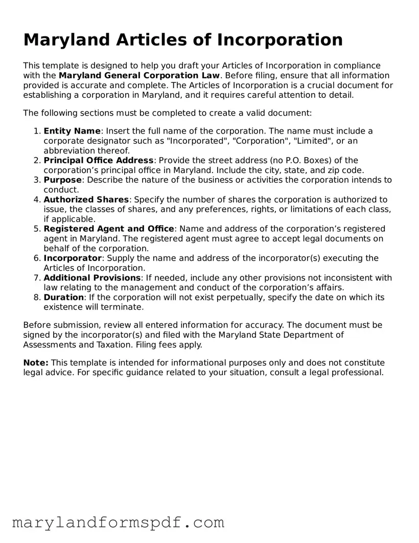 Fillable Articles of Incorporation Template for Maryland State