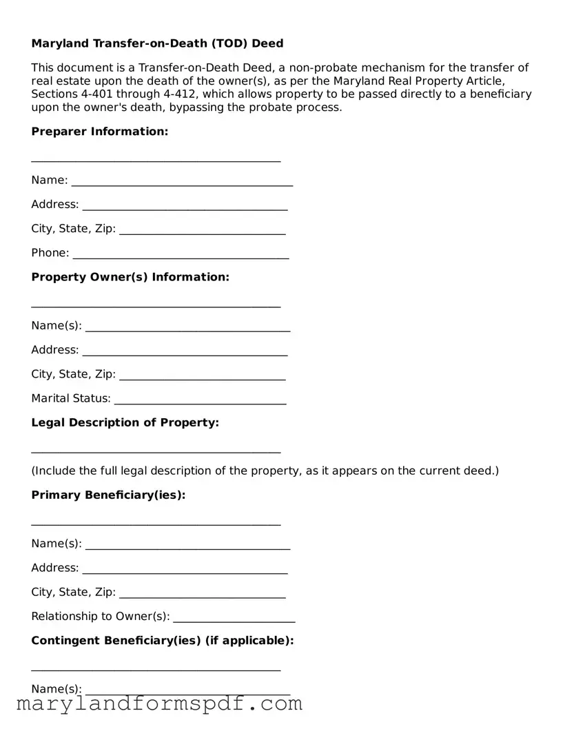 Fillable Transfer-on-Death Deed Template for Maryland State