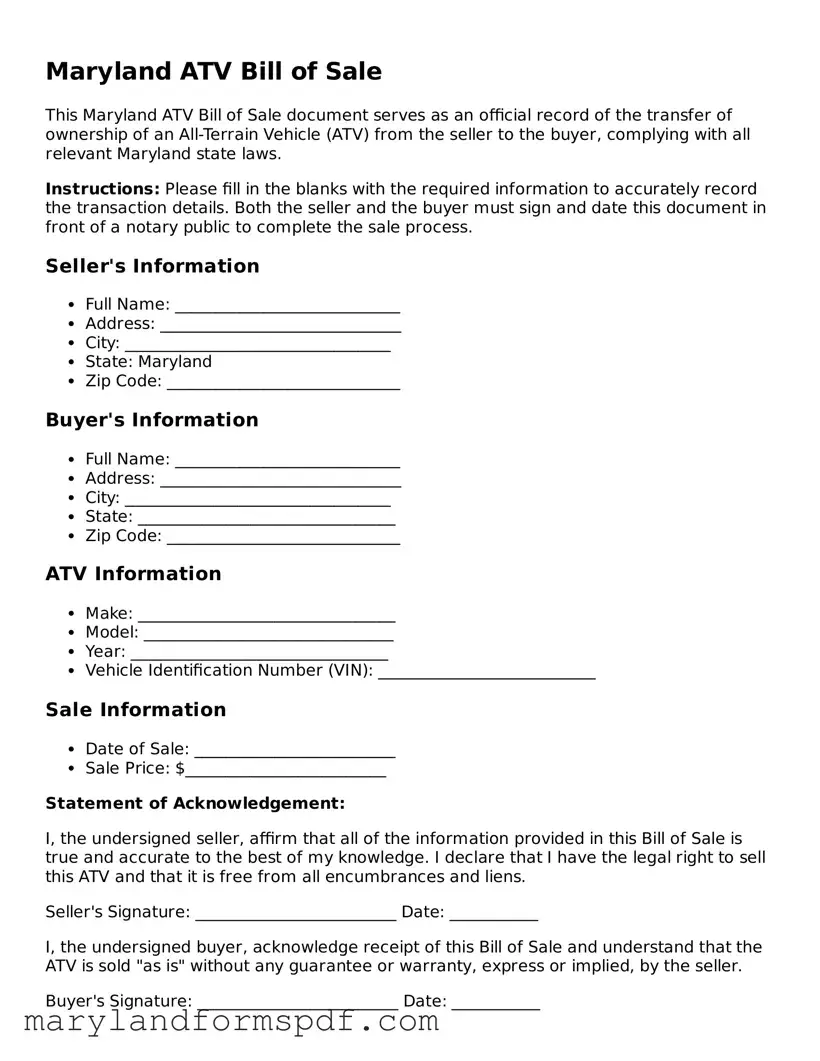 Fillable ATV Bill of Sale Template for Maryland State