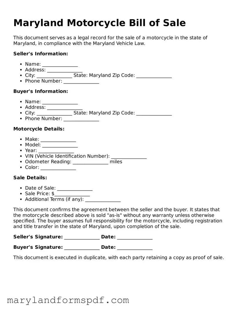 Fillable Motorcycle Bill of Sale Template for Maryland State