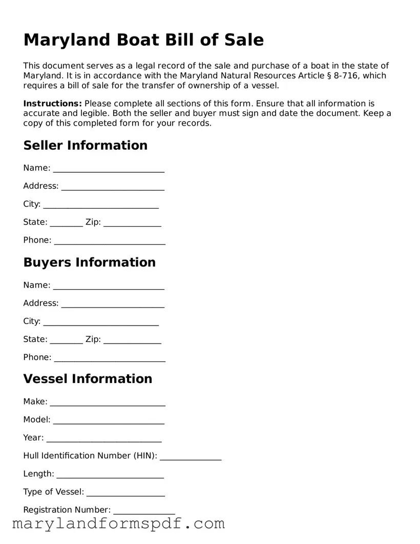 Fillable Boat Bill of Sale Template for Maryland State