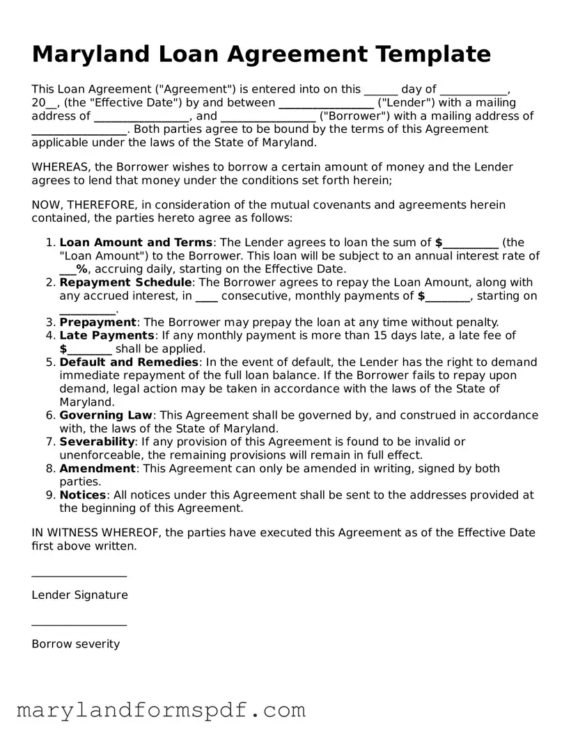 Fillable Loan Agreement Template for Maryland State