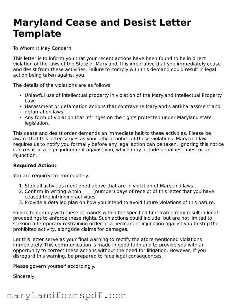 Fillable Cease and Desist Letter Template for Maryland State