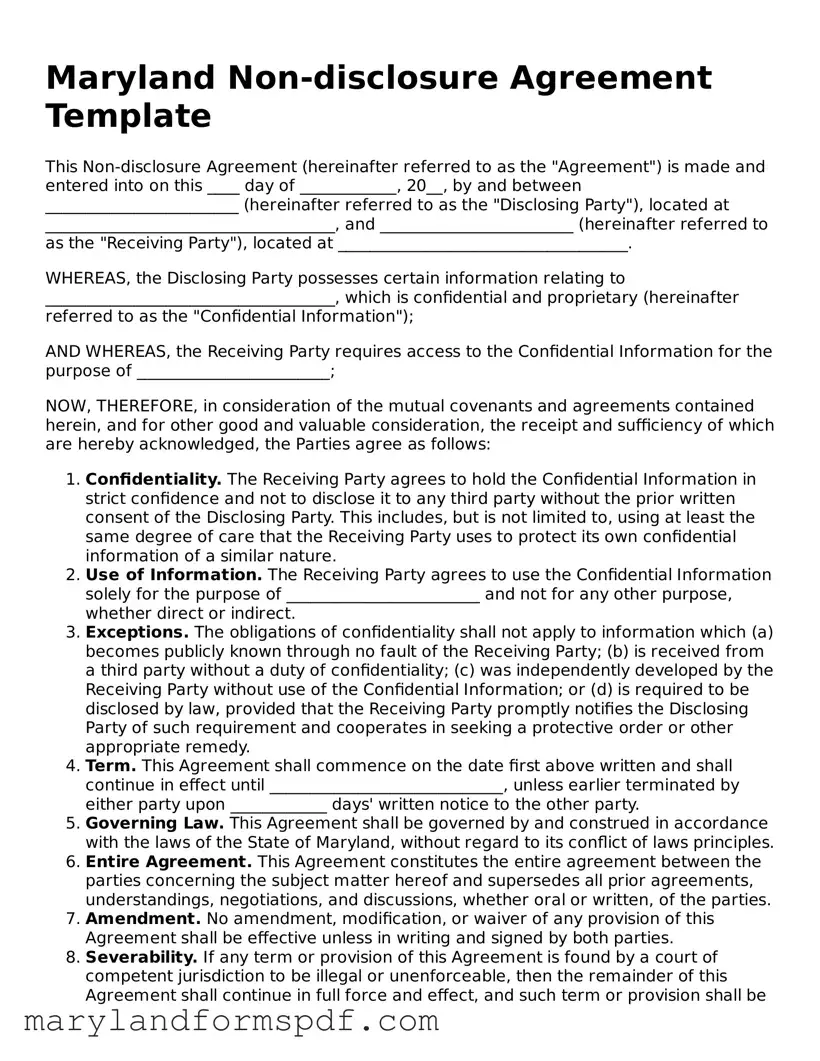 Fillable Non-disclosure Agreement Template for Maryland State