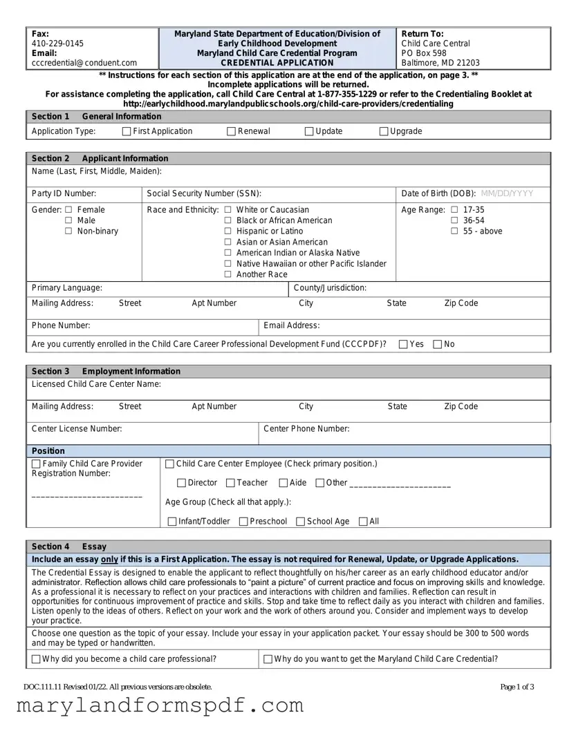 Maryland Credentialing Application PDF Template