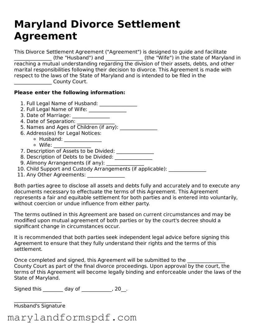 Fillable Divorce Settlement Agreement Template for Maryland State