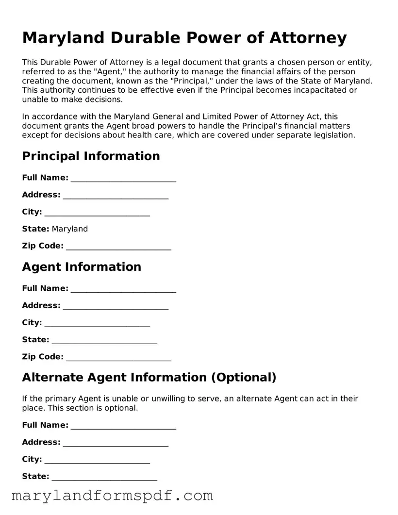 Fillable Durable Power of Attorney Template for Maryland State