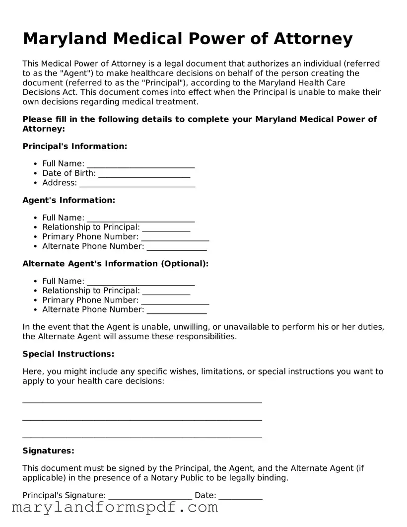 Fillable Medical Power of Attorney Template for Maryland State
