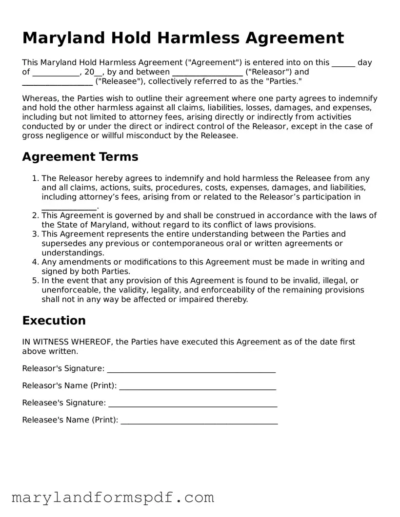 Fillable Hold Harmless Agreement Template for Maryland State