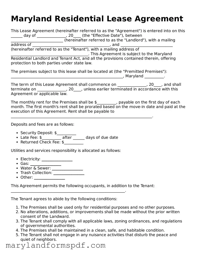 Fillable Residential Lease Agreement Template for Maryland State