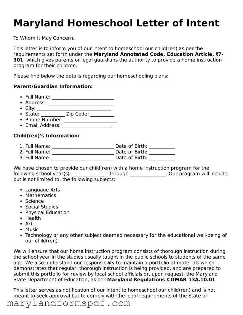 Fillable Homeschool Letter of Intent Template for Maryland State