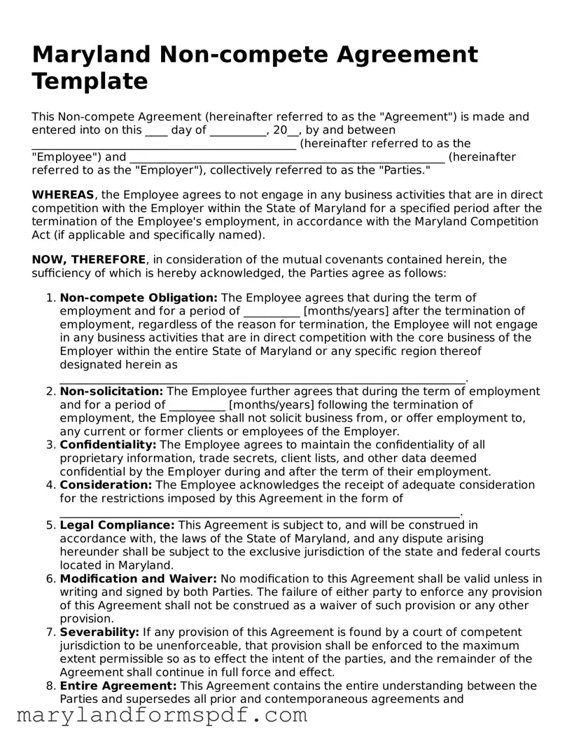 Fillable Non-compete Agreement Template for Maryland State