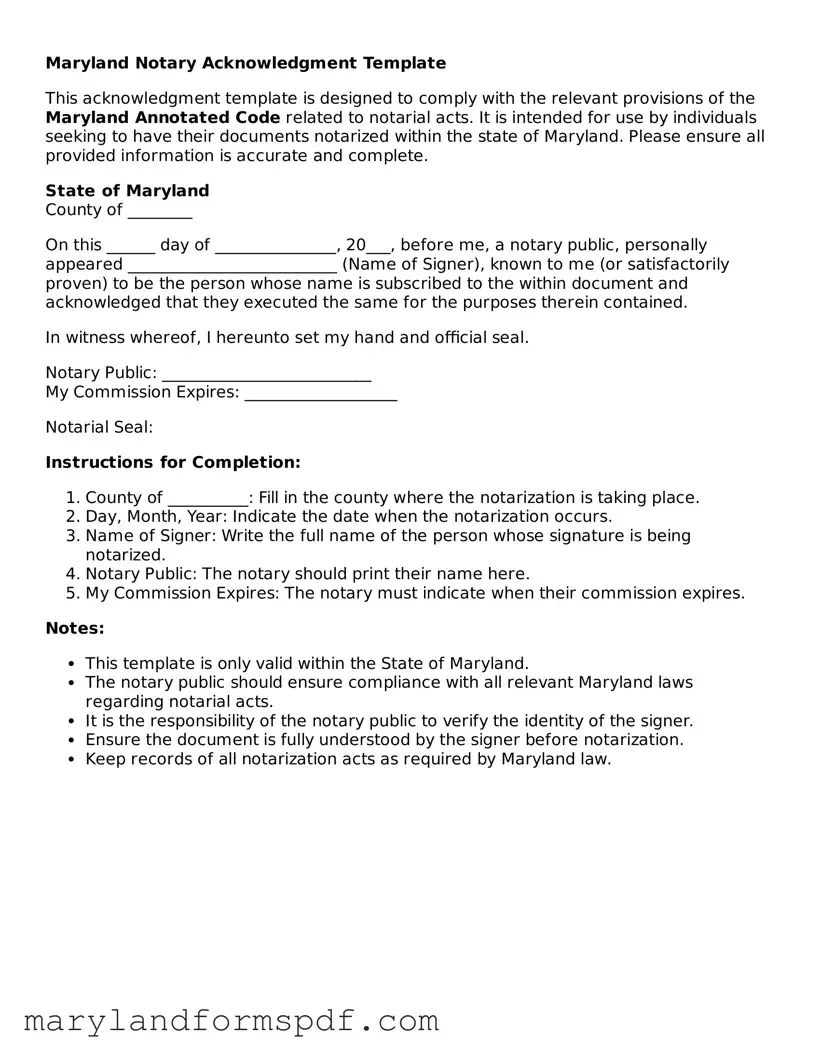 Fillable Notary Acknowledgement Template for Maryland State
