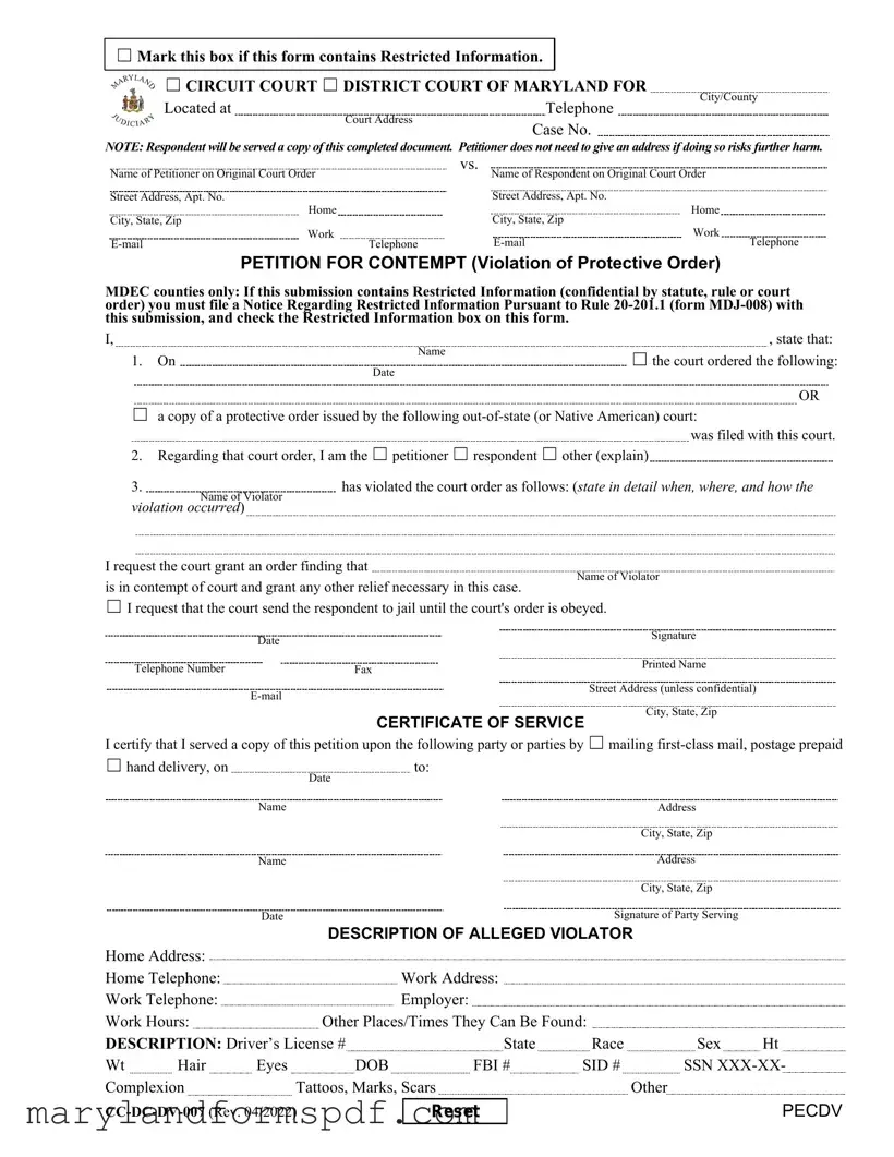 Maryland Petition For Contempt PDF Template