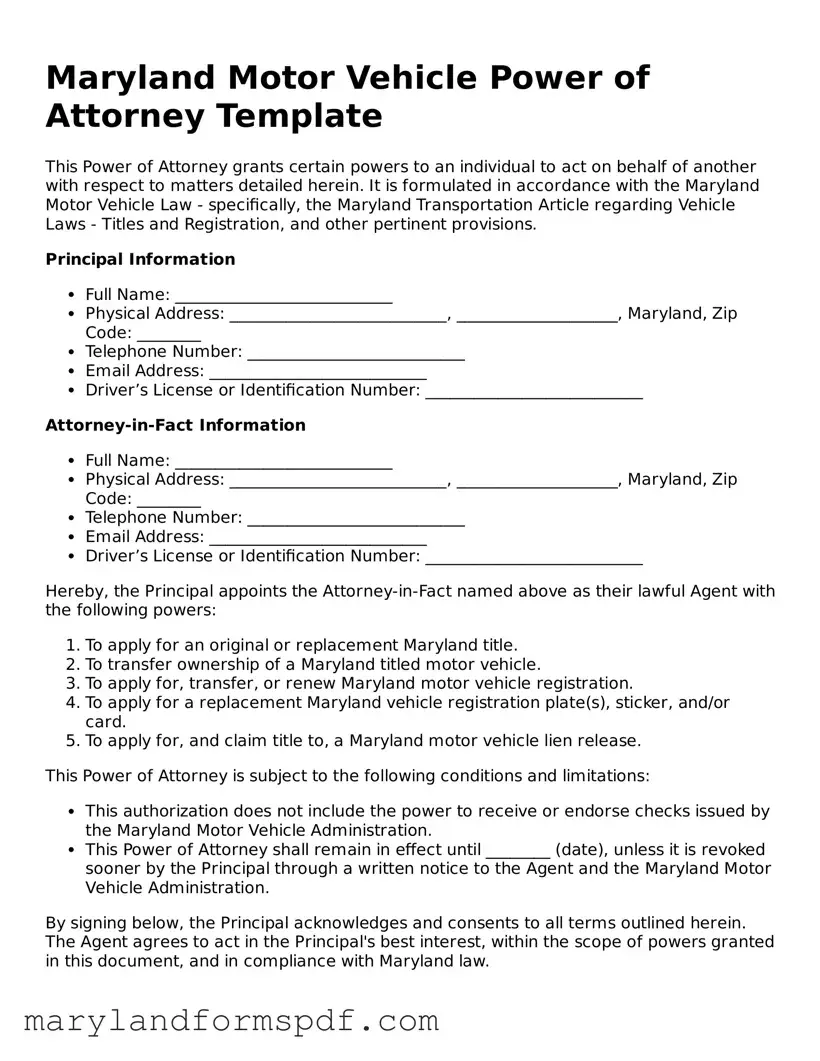 Fillable Motor Vehicle Power of Attorney Template for Maryland State