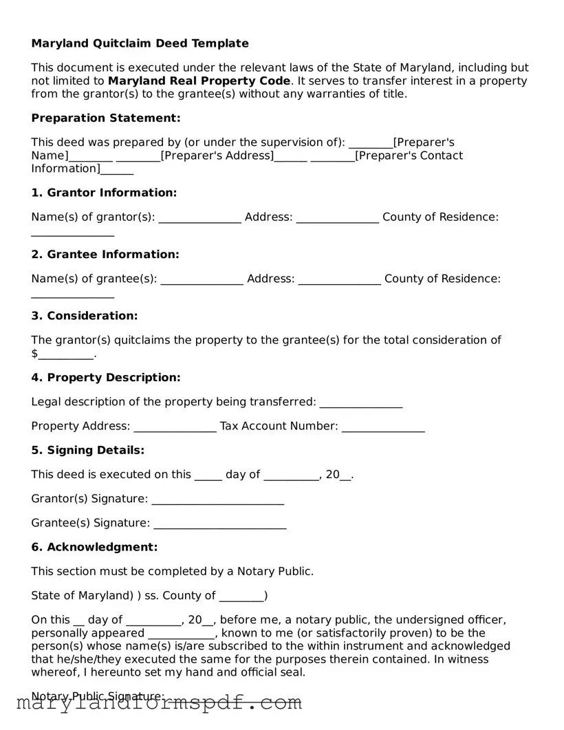 Fillable Quitclaim Deed Template for Maryland State