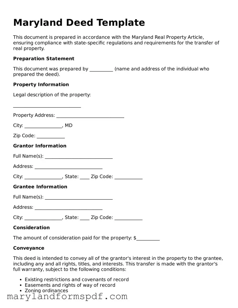 Fillable Deed Template for Maryland State