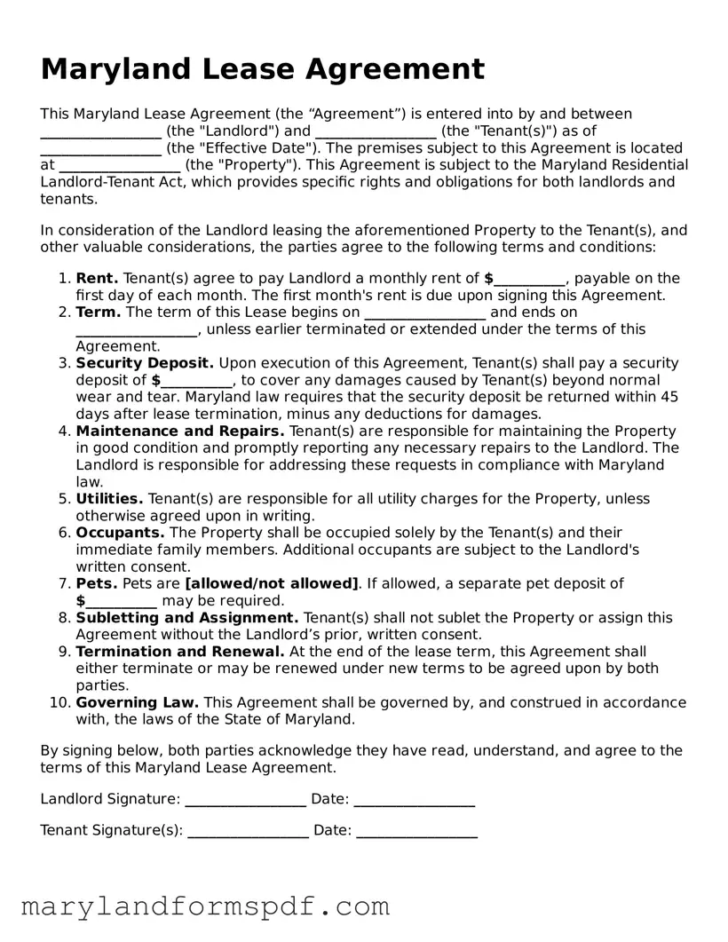 Fillable Lease Agreement Template for Maryland State