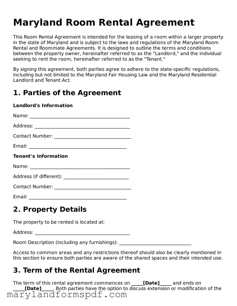 Fillable Room Rental Agreement Template for Maryland State