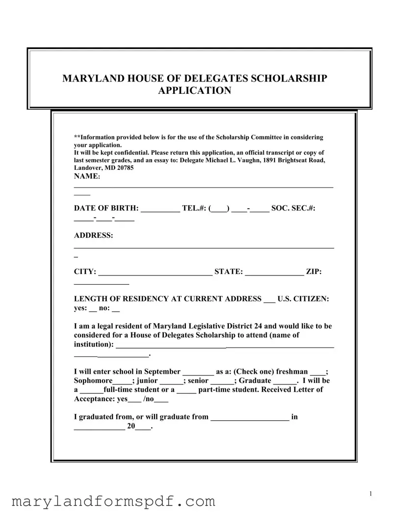 Maryland Scholarship Application PDF Template