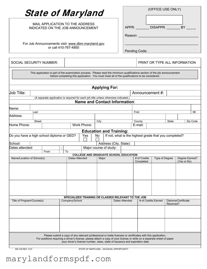 Maryland State 100 Application PDF Template