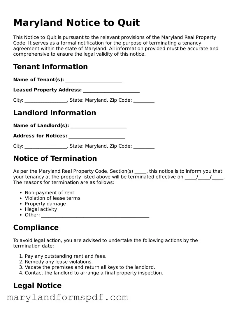 Fillable Notice to Quit Template for Maryland State