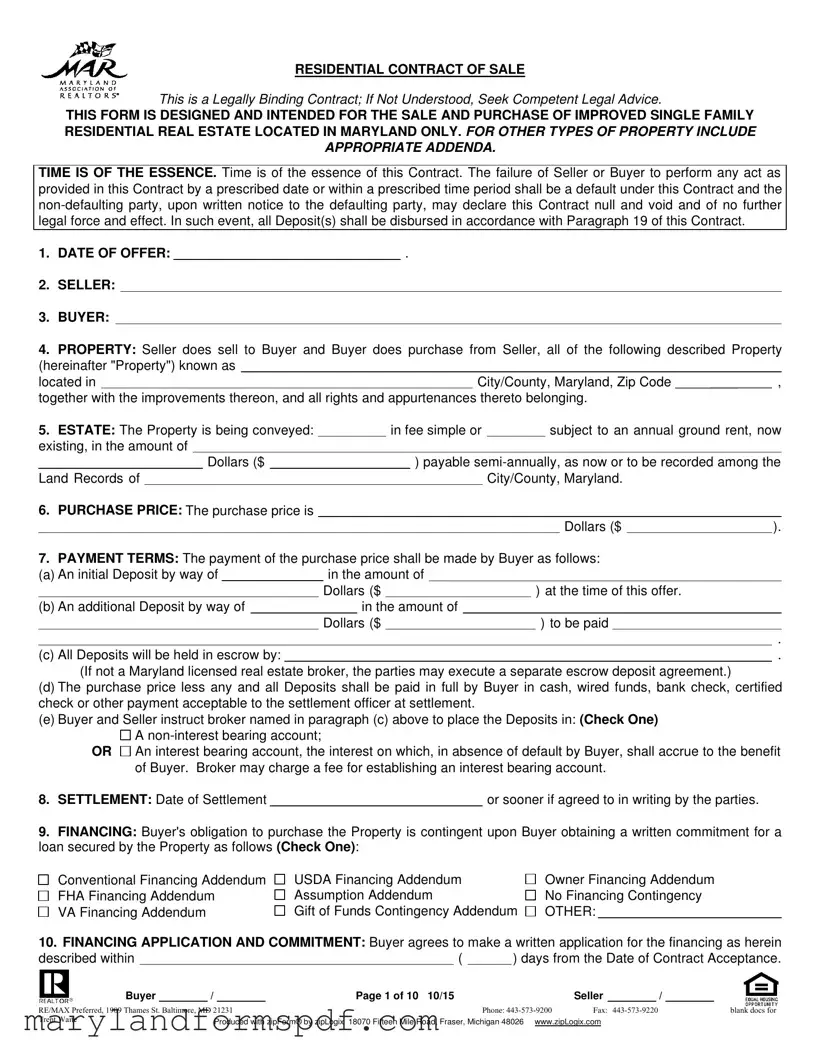 Real Estate Sales Agreement In Maryland PDF Template