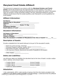 Fillable Small Estate Affidavit Template for Maryland State