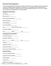 Fillable Rental Application Template for Maryland State