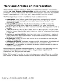 Fillable Articles of Incorporation Template for Maryland State