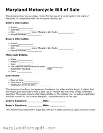 Fillable Motorcycle Bill of Sale Template for Maryland State