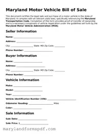 Fillable Motor Vehicle Bill of Sale Template for Maryland State
