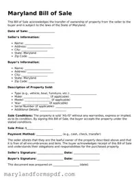 Fillable Bill of Sale Template for Maryland State