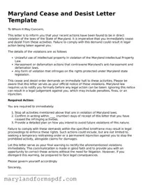 Fillable Cease and Desist Letter Template for Maryland State
