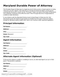 Fillable Durable Power of Attorney Template for Maryland State