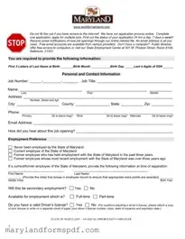Maryland Employment Application PDF Template