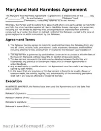 Fillable Hold Harmless Agreement Template for Maryland State