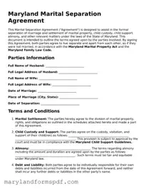Fillable Marital Separation Agreement Template for Maryland State