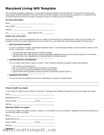 Fillable Living Will Template for Maryland State