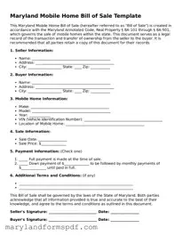 Fillable Mobile Home Bill of Sale Template for Maryland State