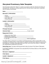 Fillable Promissory Note Template for Maryland State