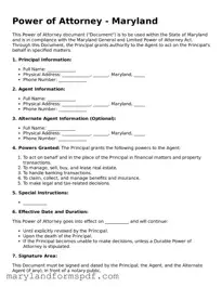 Fillable Power of Attorney Template for Maryland State
