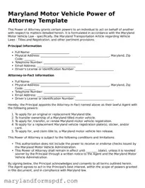 Fillable Motor Vehicle Power of Attorney Template for Maryland State