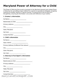 Fillable Power of Attorney for a Child Template for Maryland State